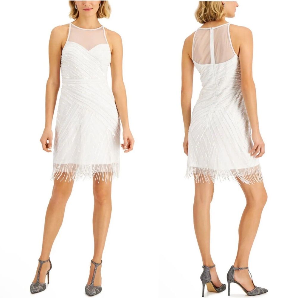 ADRIANNA PAPELL Womens Fringed Sleeveless Short Cocktail Sheath Dress Ivory 6